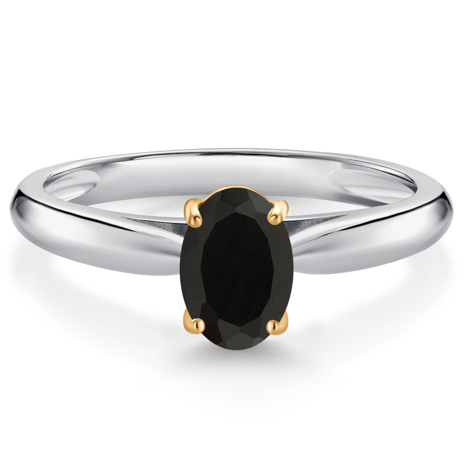 925 Sterling Silver and 10K Yellow Gold Black Onyx Solitaire Engagement Ring For Women (0.70 Cttw, Oval 7X5MM, Gemstone December Birthstone, Available In Size 5, 6, 7, 8, 9)