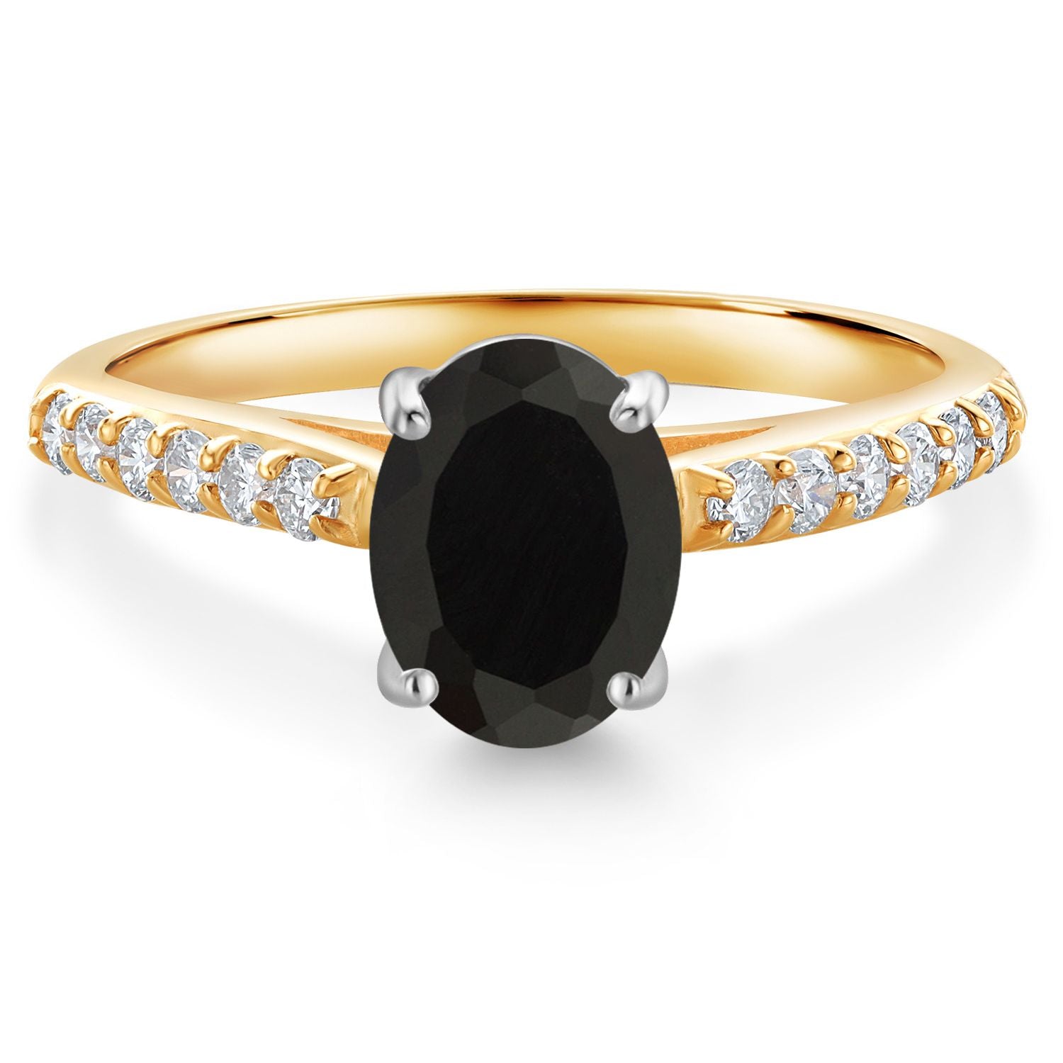 10K Yellow and White Gold Black Onyx and White Lab Grown Diamond Engagement Ring For Women (1.78 Cttw, Oval 8X6MM, Gemstone December Birthstone, Available In Size 5, 6, 7, 8, 9)