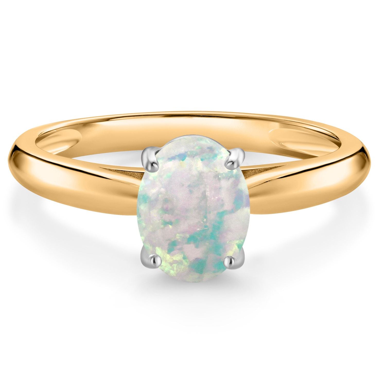 White Simulated Opal-Cabochon - October_9_Ring in 10K Two Tone Gold