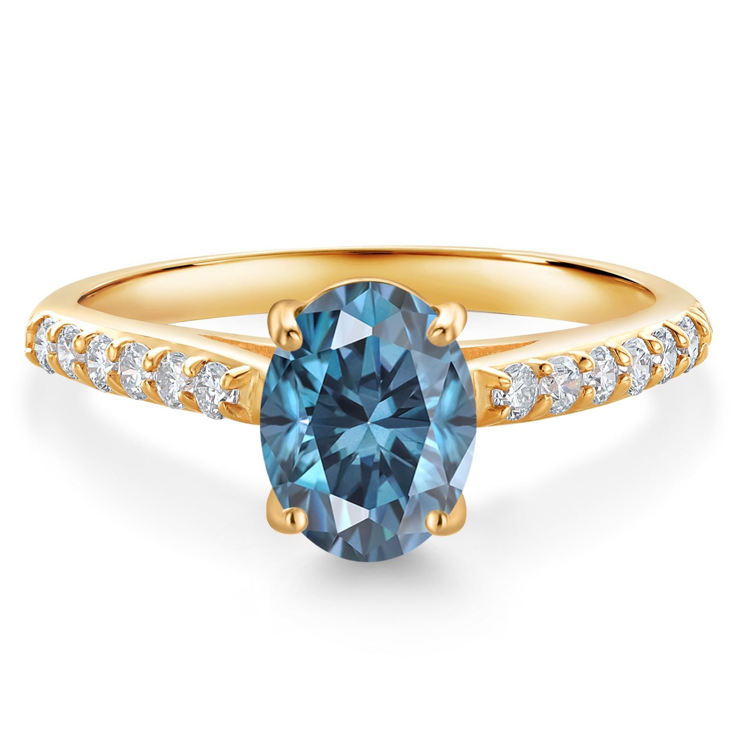 10K Yellow Gold Persian Blue Moissanite and White Lab Grown Diamond Engagement Ring For Women (1.56 Cttw, Oval 8X6MM, Gemstone Birthstone, Available In Size 5, 6, 7, 8, 9)