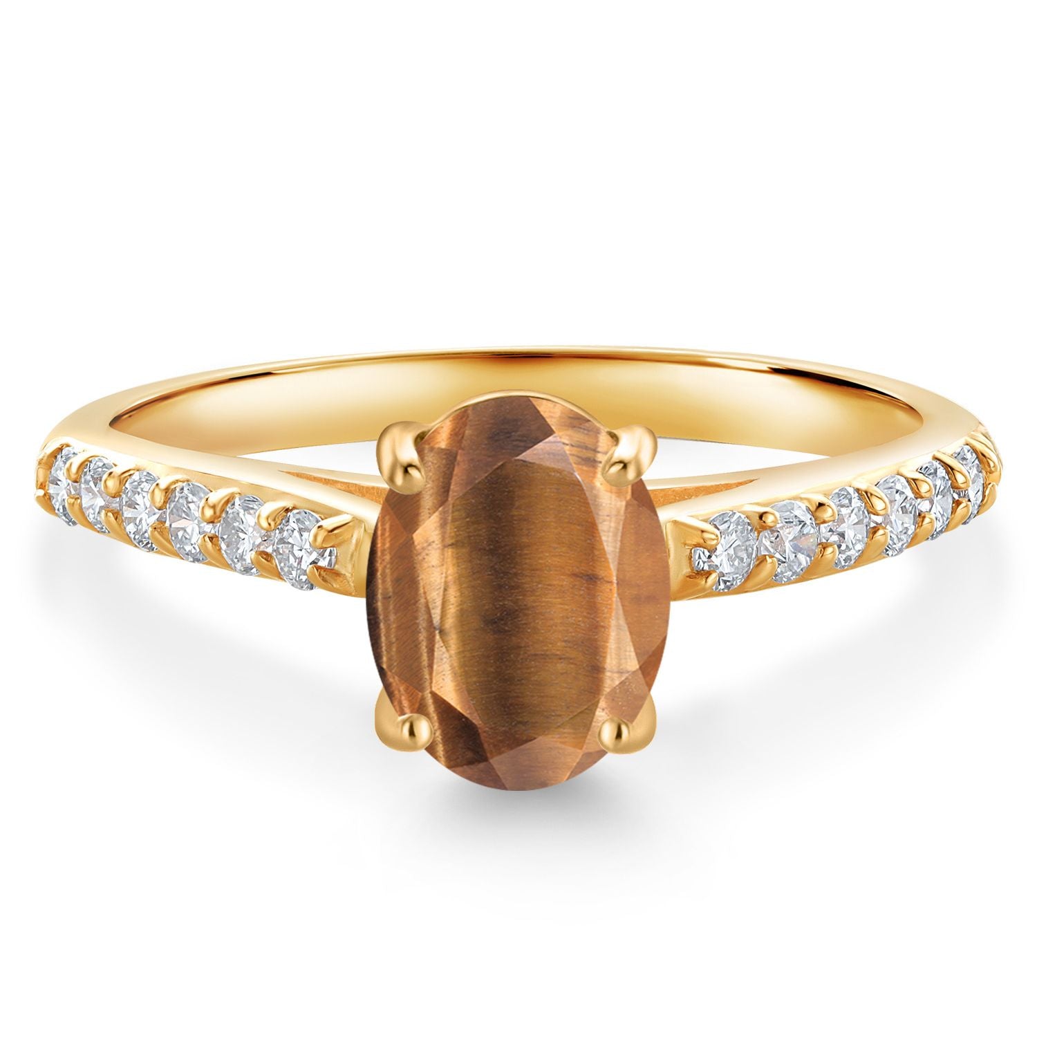 10K Yellow Gold Brown Tiger Eye and White Lab Grown Diamond Engagement Ring For Women (1.43 Cttw, Oval 8X6MM, Gemstone Birthstone, Available In Size 5, 6, 7, 8, 9)