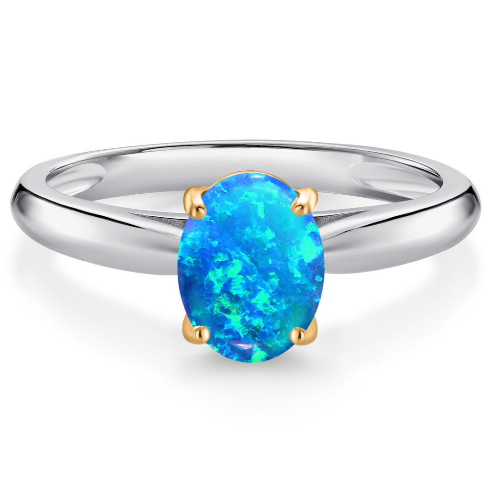 Blue Simulated Opal-Cabochon - October_6_Ring in 10K Two Tone Gold