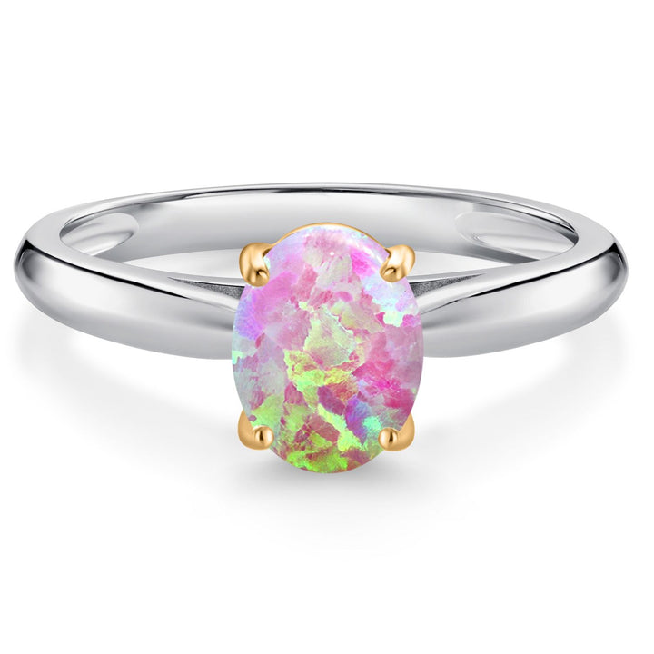 Pink Simulated Opal-Cabochon - October_5_Ring in 10K Two Tone Gold