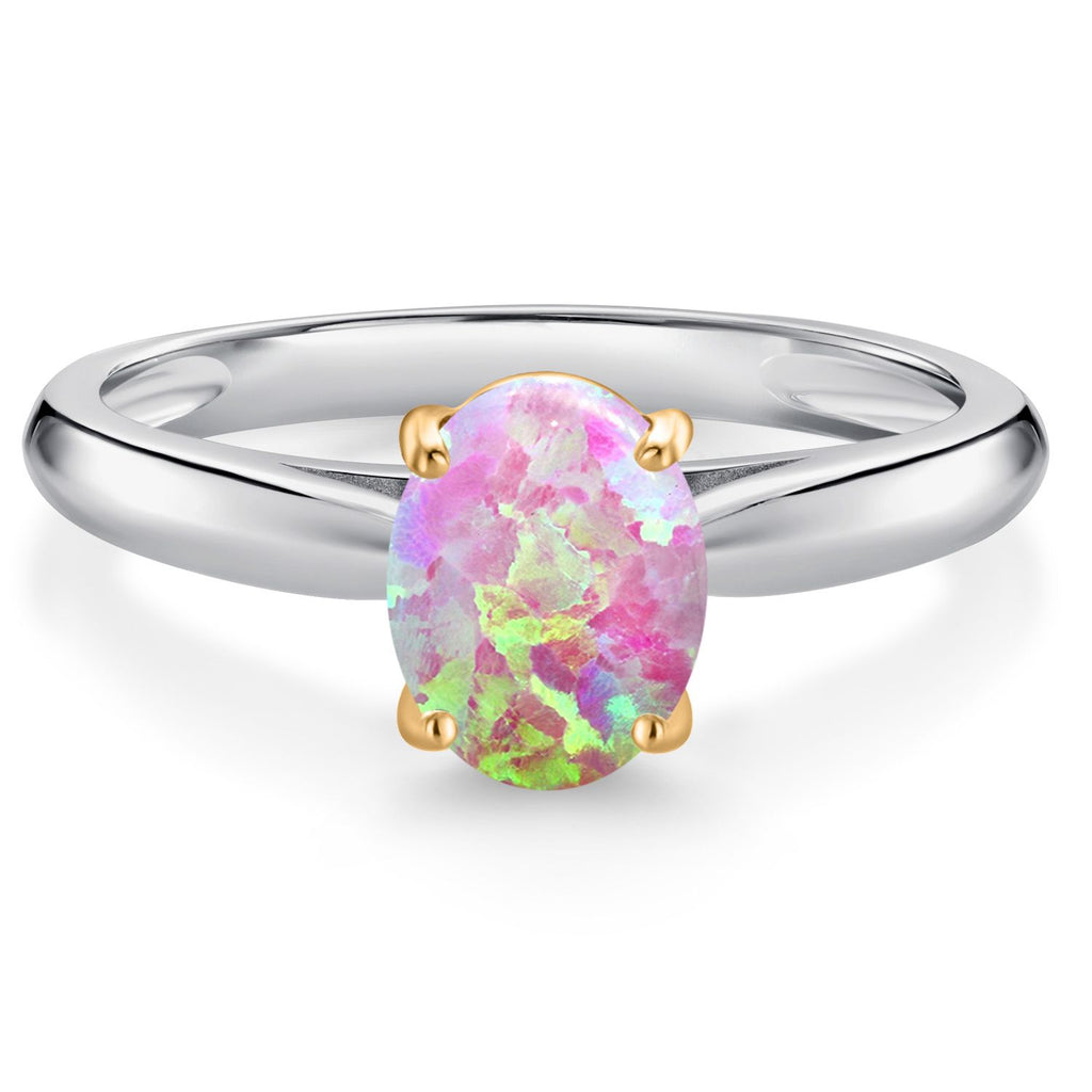 Pink Simulated Opal-Cabochon - October_7_Ring in 10K Two Tone Gold