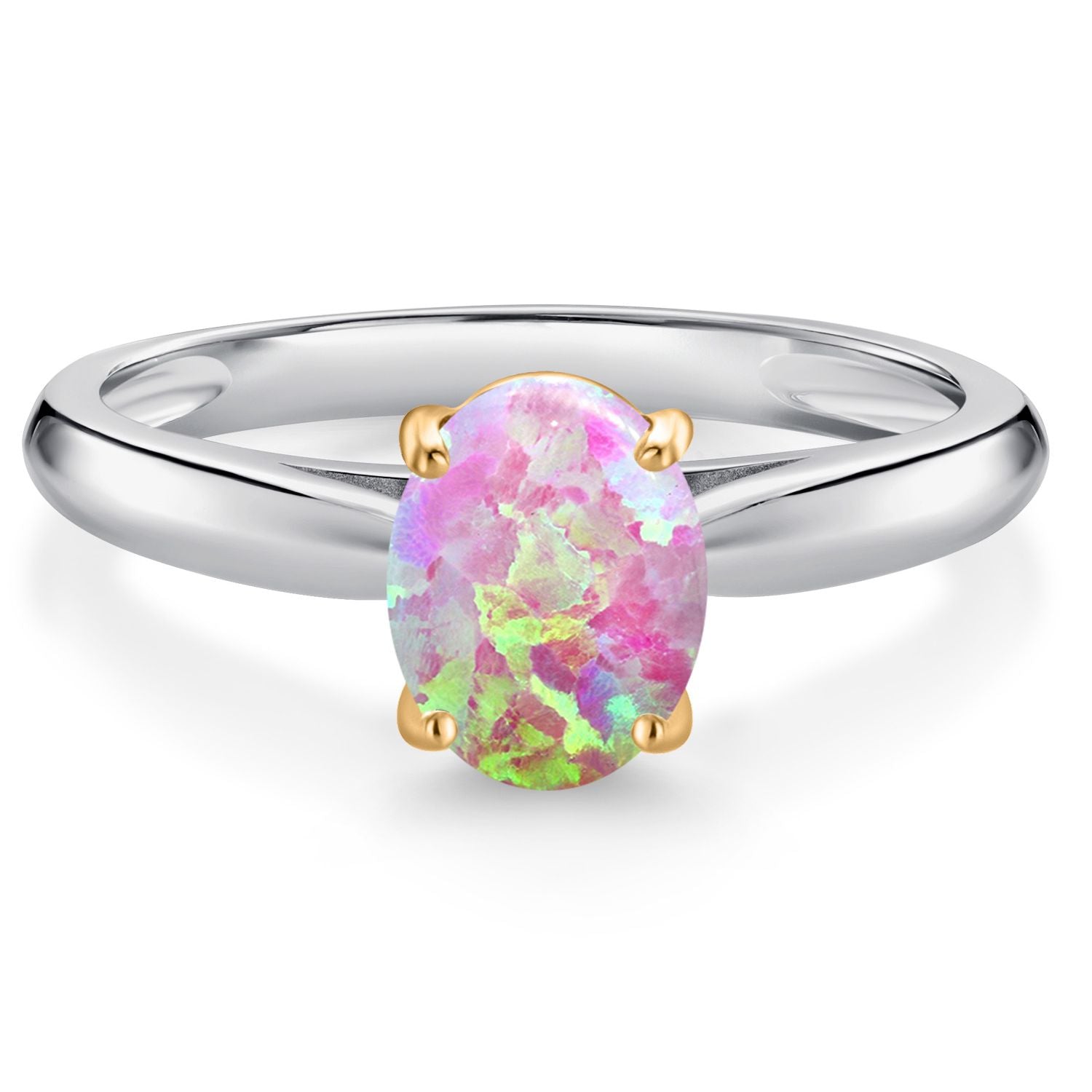 Pink Simulated Opal-Cabochon - October_9_Ring in 10K Two Tone Gold