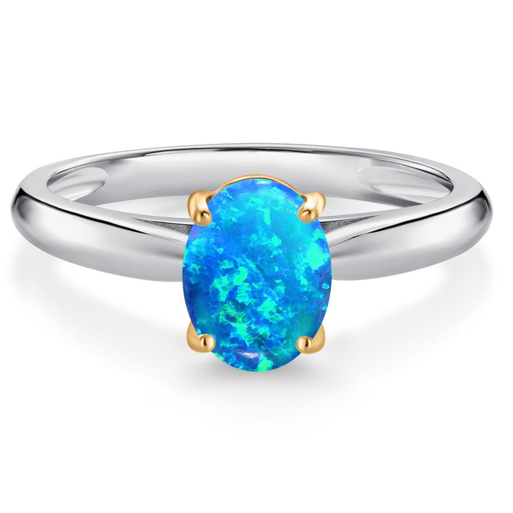 Blue Simulated Opal - October_5_Ring in 925 Sterling Silver and 10K Yellow Gold