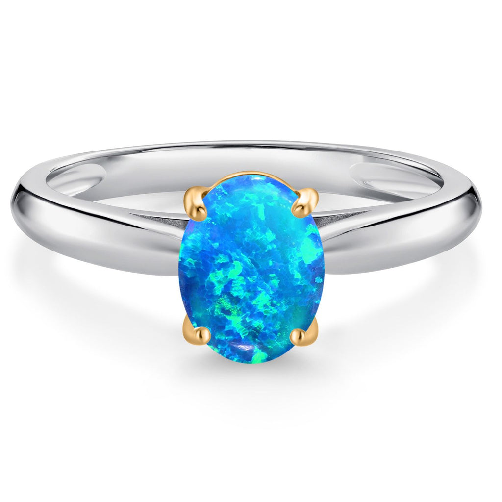 Blue Simulated Opal - October_6_Ring in 925 Sterling Silver and 10K Yellow Gold