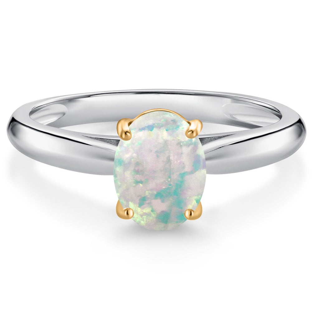 White Simulated Opal-Cabochon - October_9_Ring in 925 Sterling Silver and 10K Yellow Gold