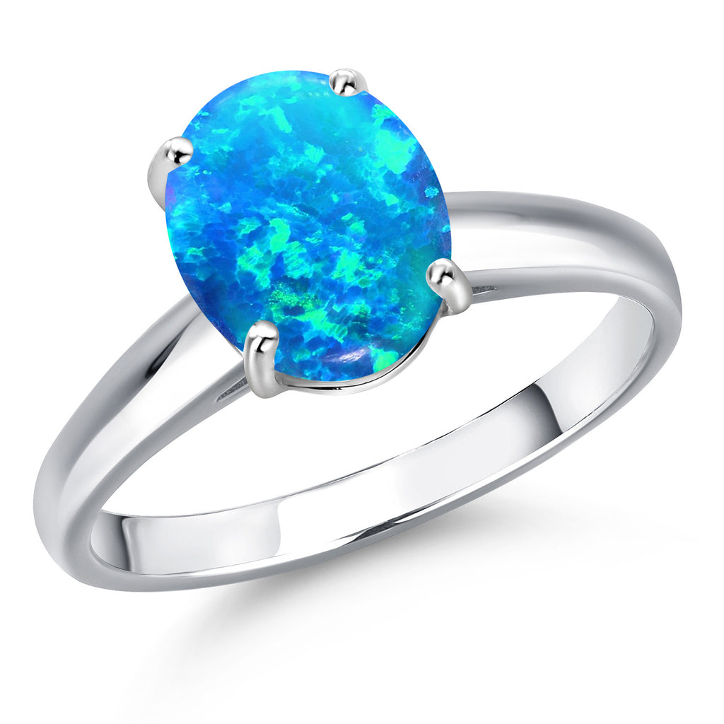 Blue Simulated Opal-Cabochon - October_9_Ring in 10K White Gold