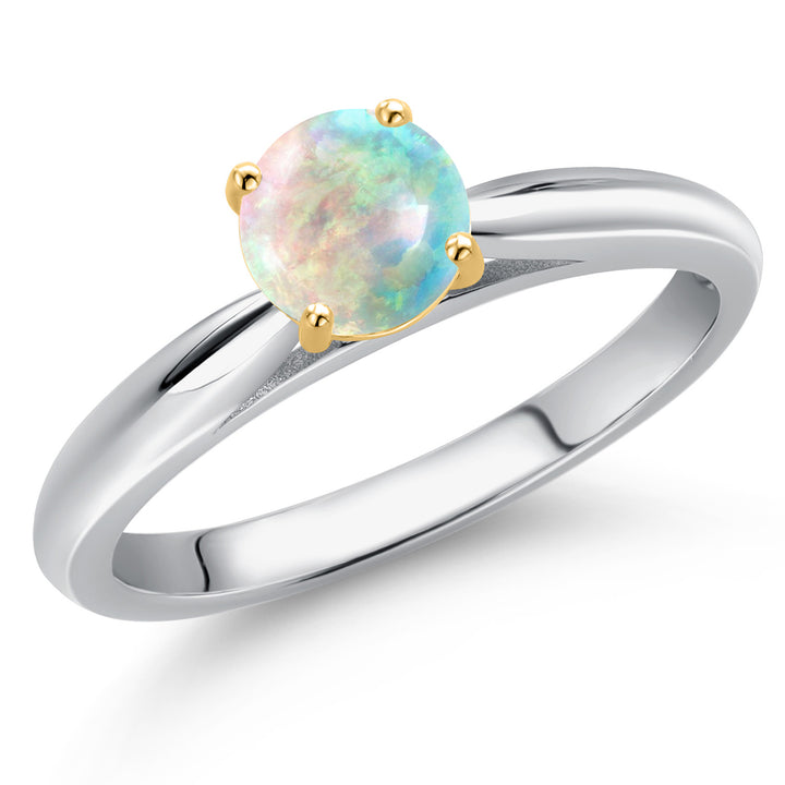 White Simulated Opal-Cabochon - October_5_Ring in 925 Sterling Silver and 10K Yellow Gold