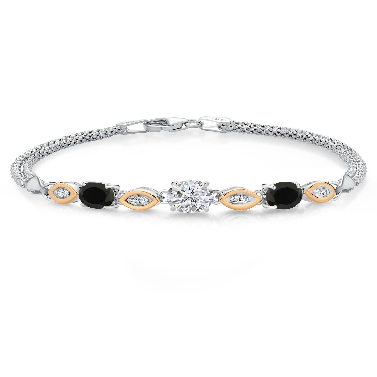 925 Silver and 10K Yellow Gold Lab Grown Diamond and Black Onyx Bracelet For Women | 1.58 Cttw | Center Diamond 0.70 Ct | DEF Color | VVS-VS Clarity | Wheat Chain | 6.5/7/7.5 Inches