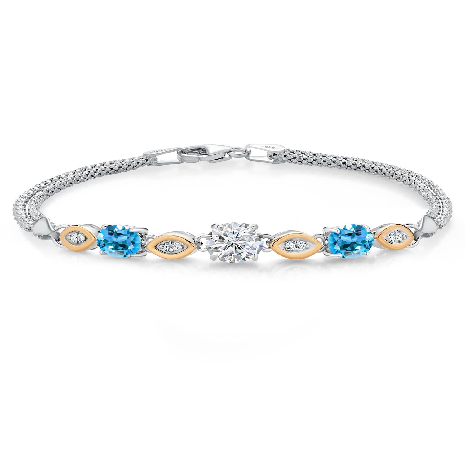 925 Silver and 10K Yellow Gold Lab Grown Diamond and Swiss Blue Topaz Bracelet For Women | 1.88 Cttw | Center Diamond 0.70 Ct | DEF Color | VVS-VS Clarity | Wheat Chain | 6.5/7/7.5 Inches