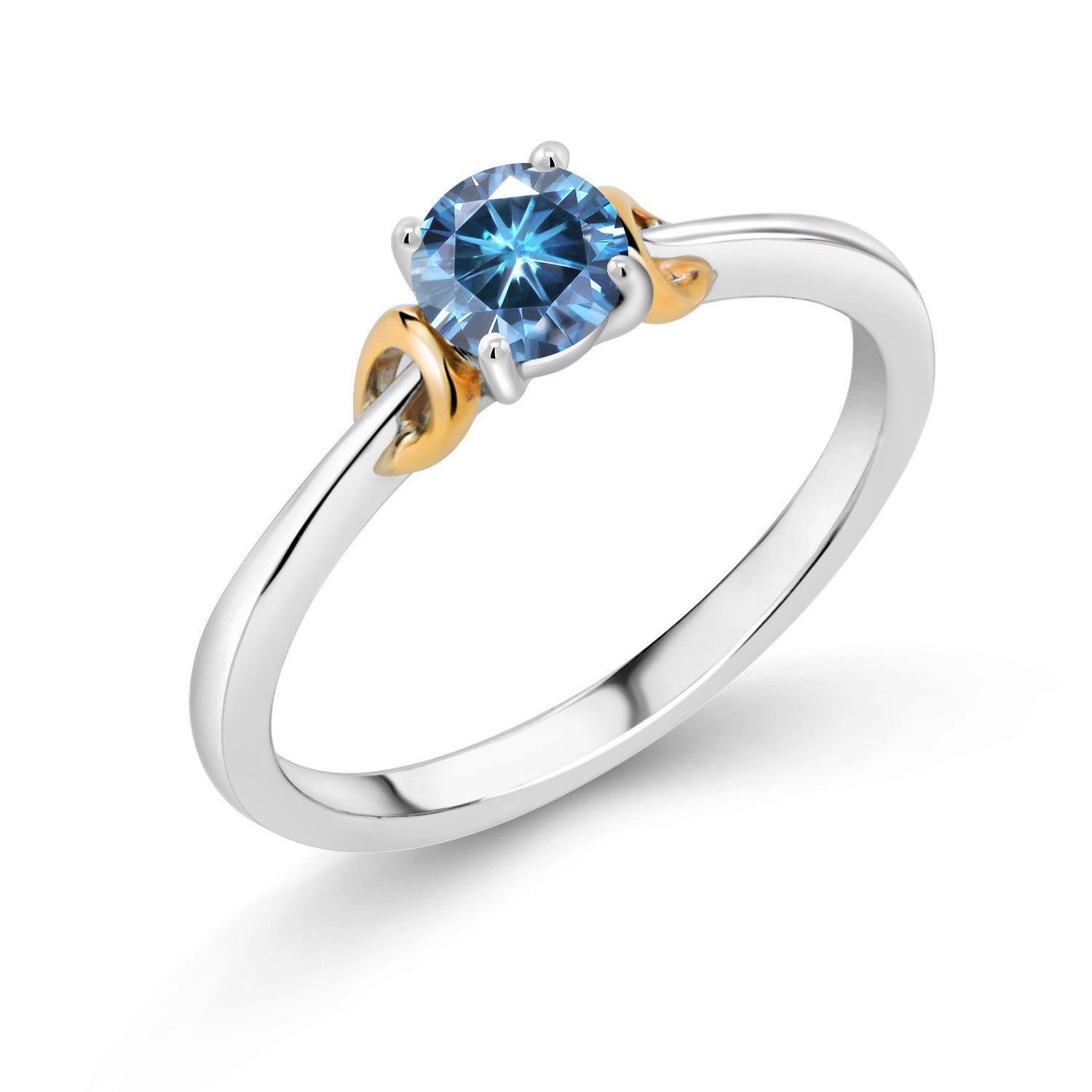 925 Sterling Silver and 10K Yellow Gold Persian Blue Moissanite Solitaire Engagement Ring For Women (0.50 Cttw, Round 5MM, Gemstone Birthstone, Available in Size 5,6,7,8,9)