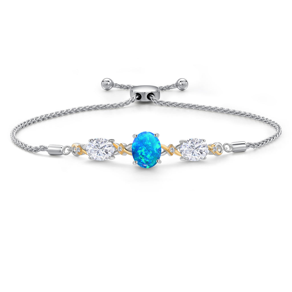 Blue Simulated Opal-Cabochon - October_Bracelet in 925 Sterling Silver and 10K Yellow Gold