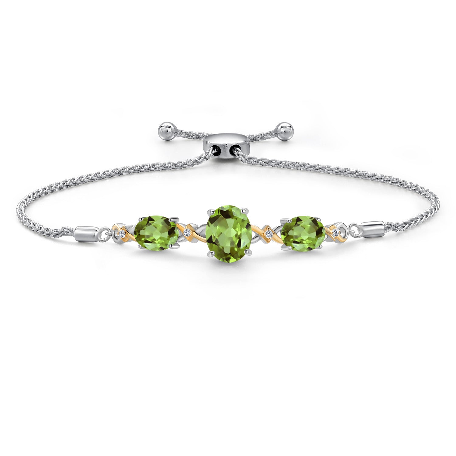 925 Silver & 10K Yellow Gold Green Peridot & Lab Grown Diamond Bracelet For Women | 5.70 Cttw | Gemstone August Birthstone | Oval 10X8MM and 8X6MM | Fully Adjustable 9 Inch