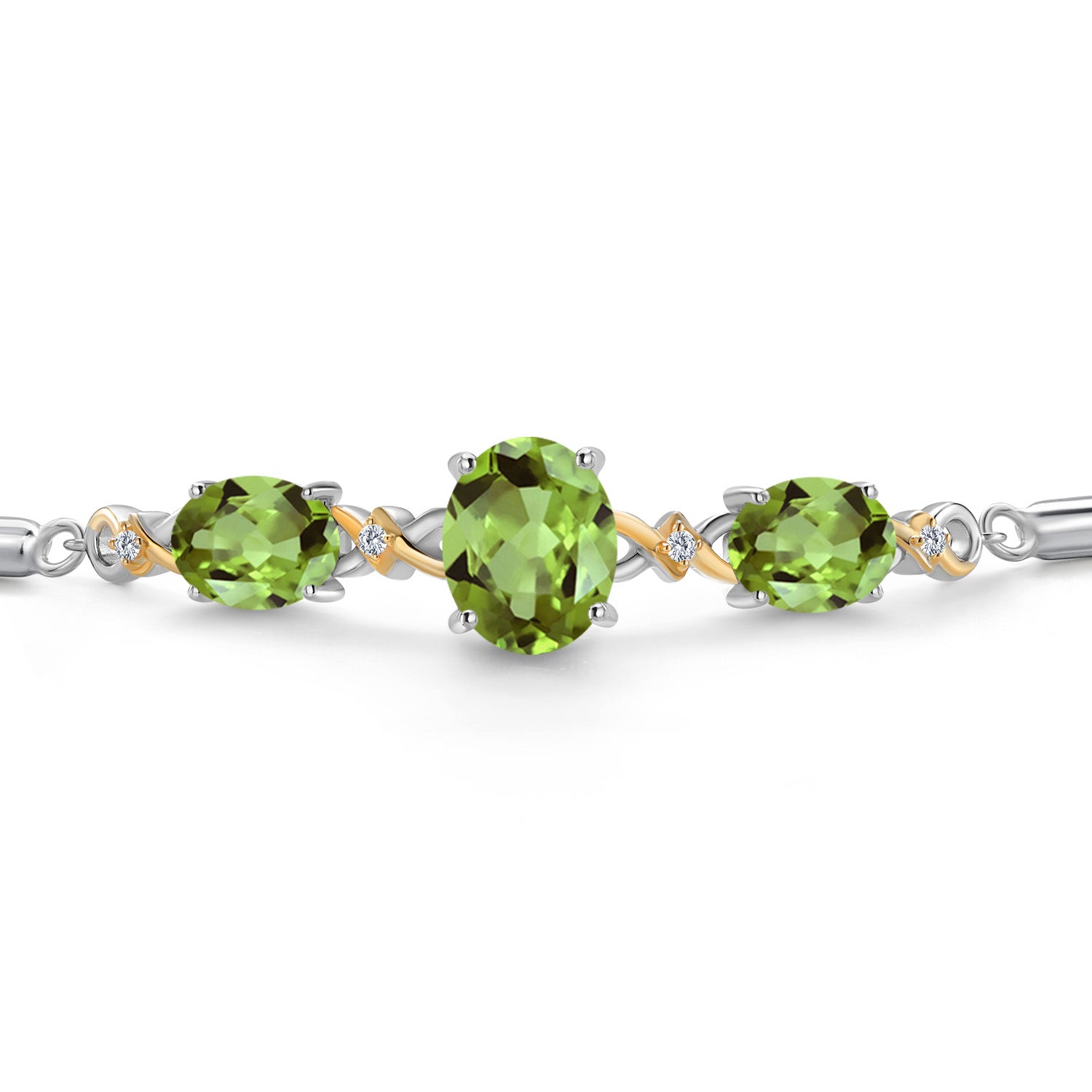 925 Silver & 10K Yellow Gold Green Peridot & Lab Grown Diamond Bracelet For Women | 5.70 Cttw | Gemstone August Birthstone | Oval 10X8MM and 8X6MM | Fully Adjustable 9 Inch