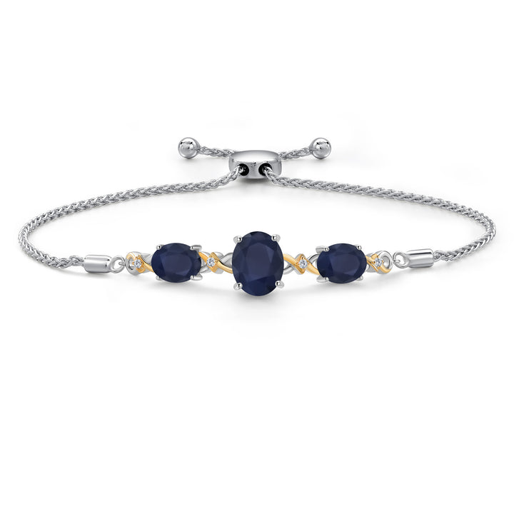 925 Silver & 10K Yellow Gold Blue Sapphire & Lab Grown Diamond Bracelet For Women | 6.66 Cttw | Gemstone September Birthstone | Oval 10X8MM and 8X6MM | Fully Adjustable 9 Inch