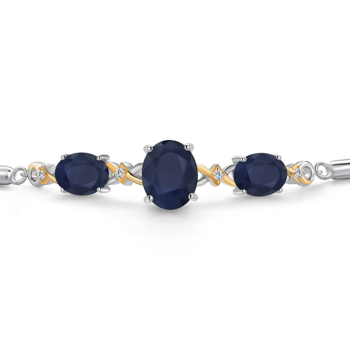 925 Silver & 10K Yellow Gold Blue Sapphire & Lab Grown Diamond Bracelet For Women | 6.66 Cttw | Gemstone September Birthstone | Oval 10X8MM and 8X6MM | Fully Adjustable 9 Inch