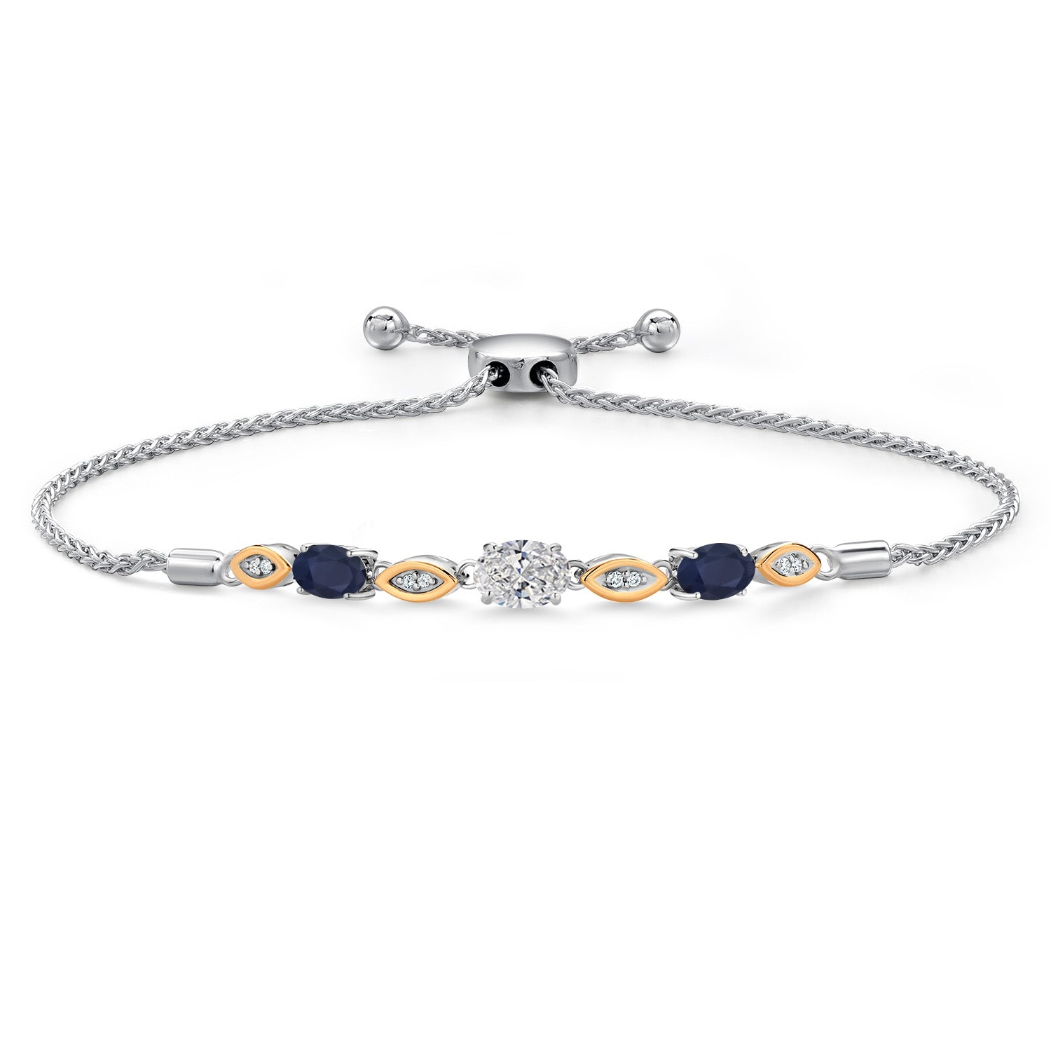 1.81 Ct DEF Lab Grown Diamond Blue Sapphire 925 Silver and 10K Yellow Gold Bracelet