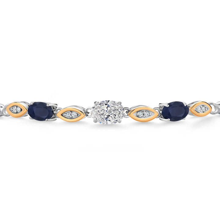 1.81 Ct DEF Lab Grown Diamond Blue Sapphire 925 Silver and 10K Yellow Gold Bracelet