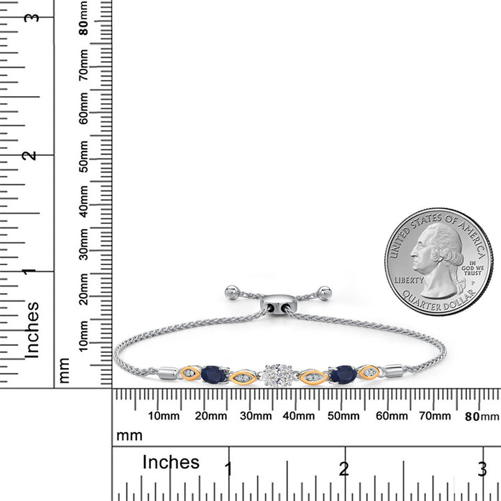 1.81 Ct DEF Lab Grown Diamond Blue Sapphire 925 Silver and 10K Yellow Gold Bracelet