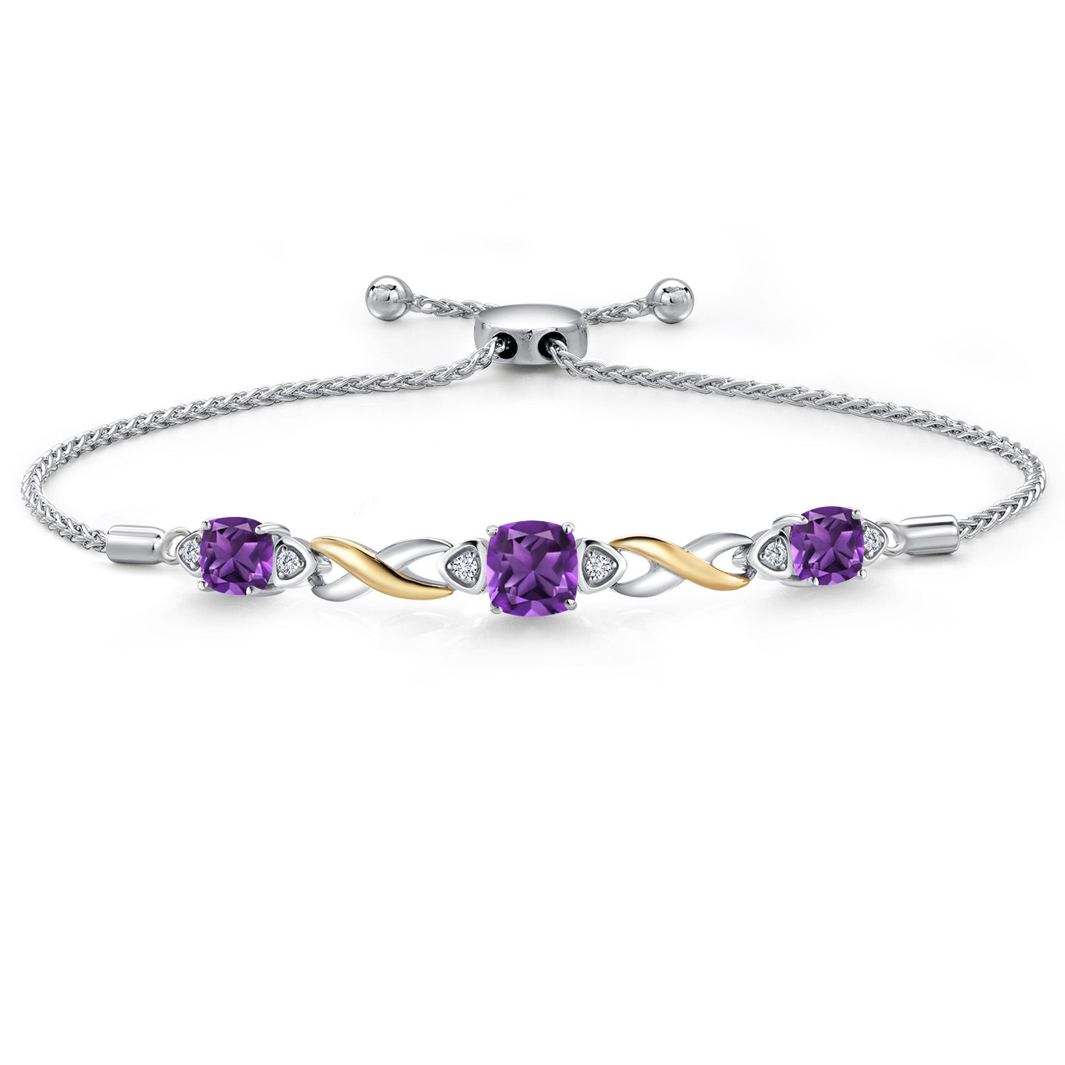 925 Silver and 10K Yellow Gold Purple Amethyst and White Lab Grown Diamond Bracelet For Women | 2.14 Cttw | Gemstone Birthstone | Cushion 6MM and 5MM | Fully Adjustable 9 Inch