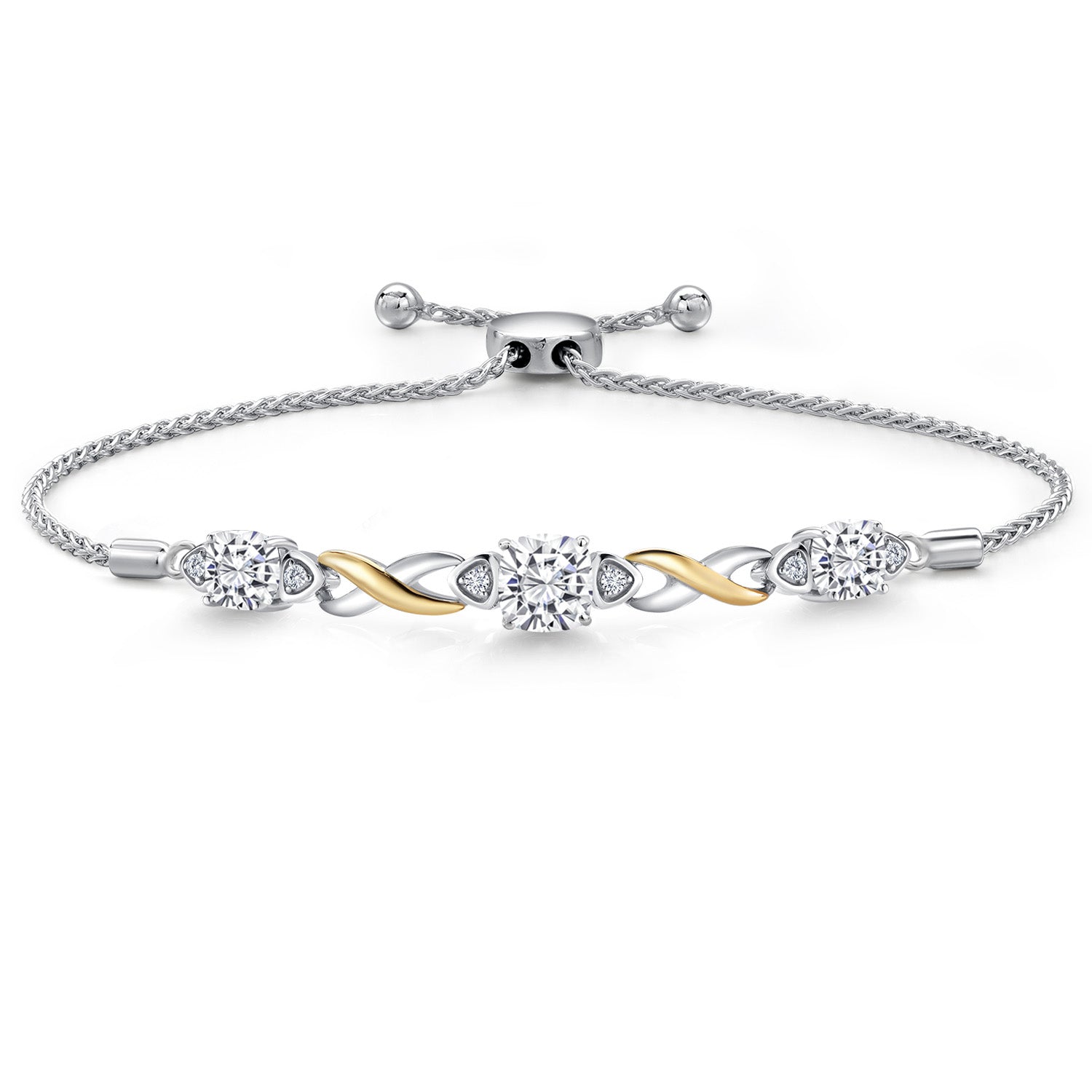 925 Silver and 10K Yellow Gold White Moissanite and White Lab Grown Diamond Bracelet For Women | 2.45 Cttw | Cushion 6MM and 5MM | Fully Adjustable 9 Inch