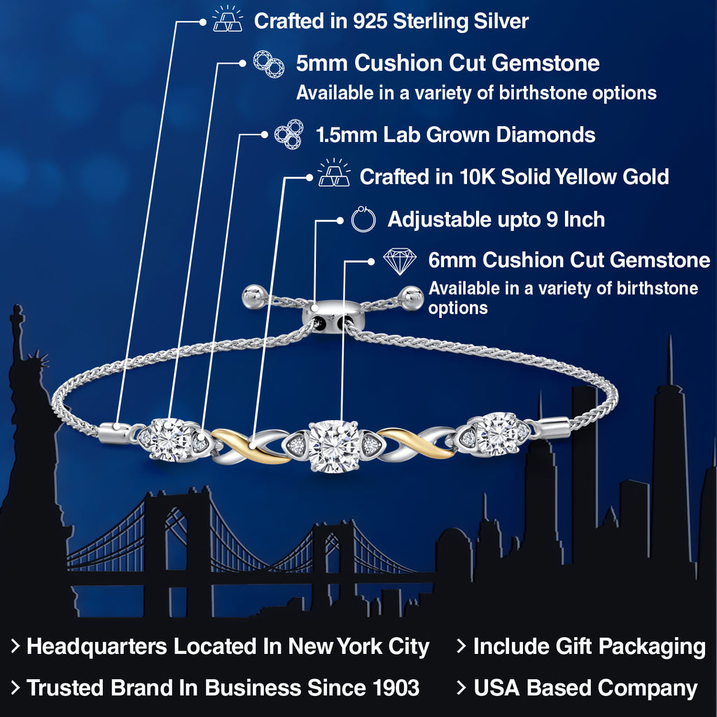 White Moissanite - April_Bracelet in 925 Sterling Silver and 10K Yellow Gold