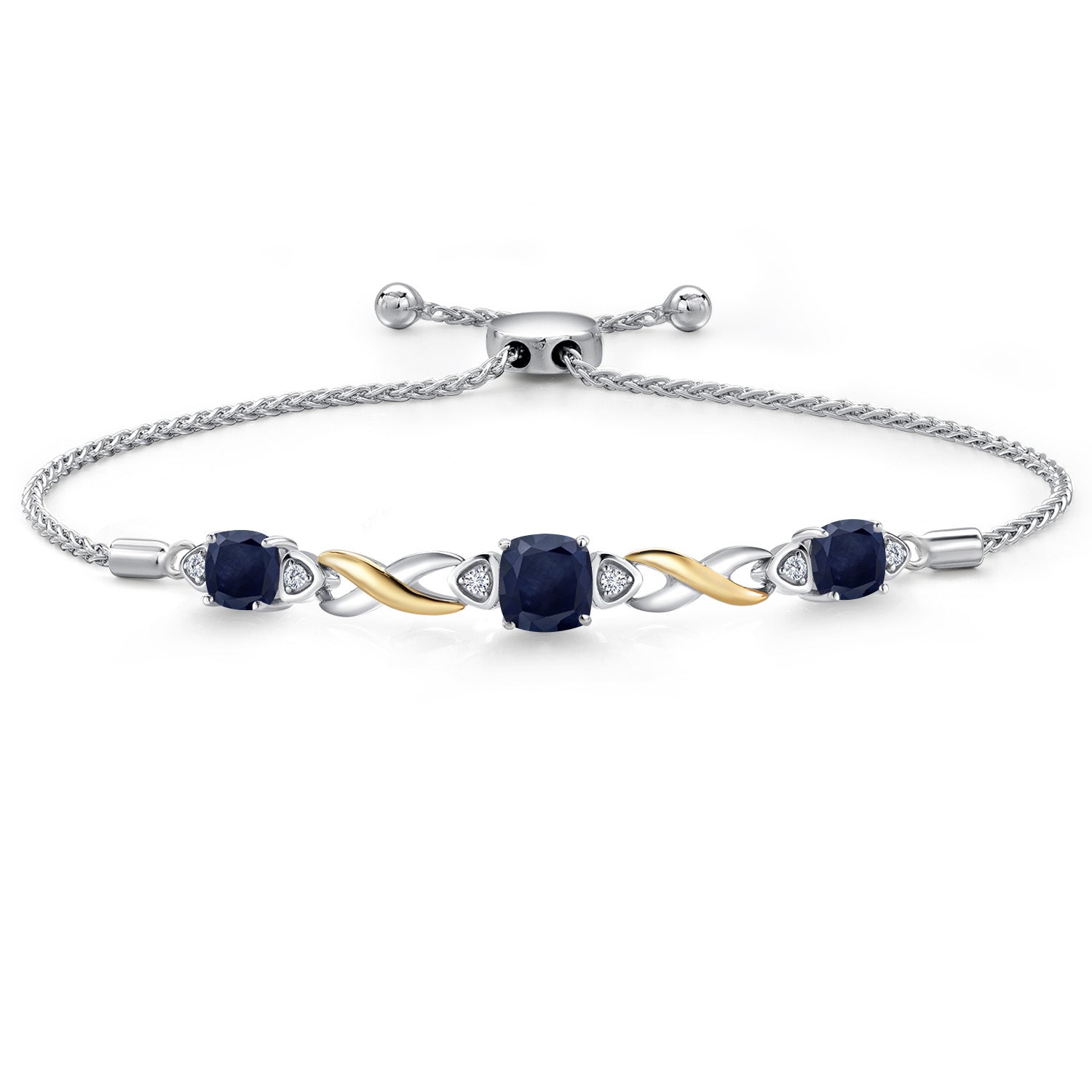 925 Silver and 10K Yellow Gold Blue Sapphire and White Lab Grown Diamond Bracelet For Women | 2.79 Cttw | Gemstone September Birthstone | Cushion 6MM and 5MM | Fully Adjustable 9 Inch