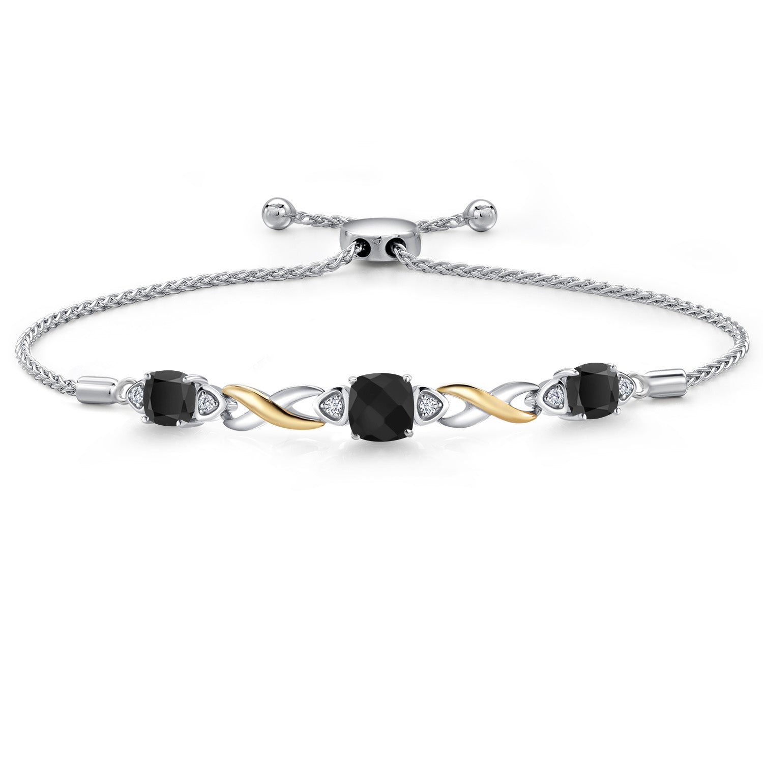 925 Silver and 10K Yellow Gold Black Onyx and White Lab Grown Diamond Bracelet For Women | 2.07 Cttw | Gemstone Birthstone | Cushion 6MM and 5MM | Fully Adjustable 9 Inch