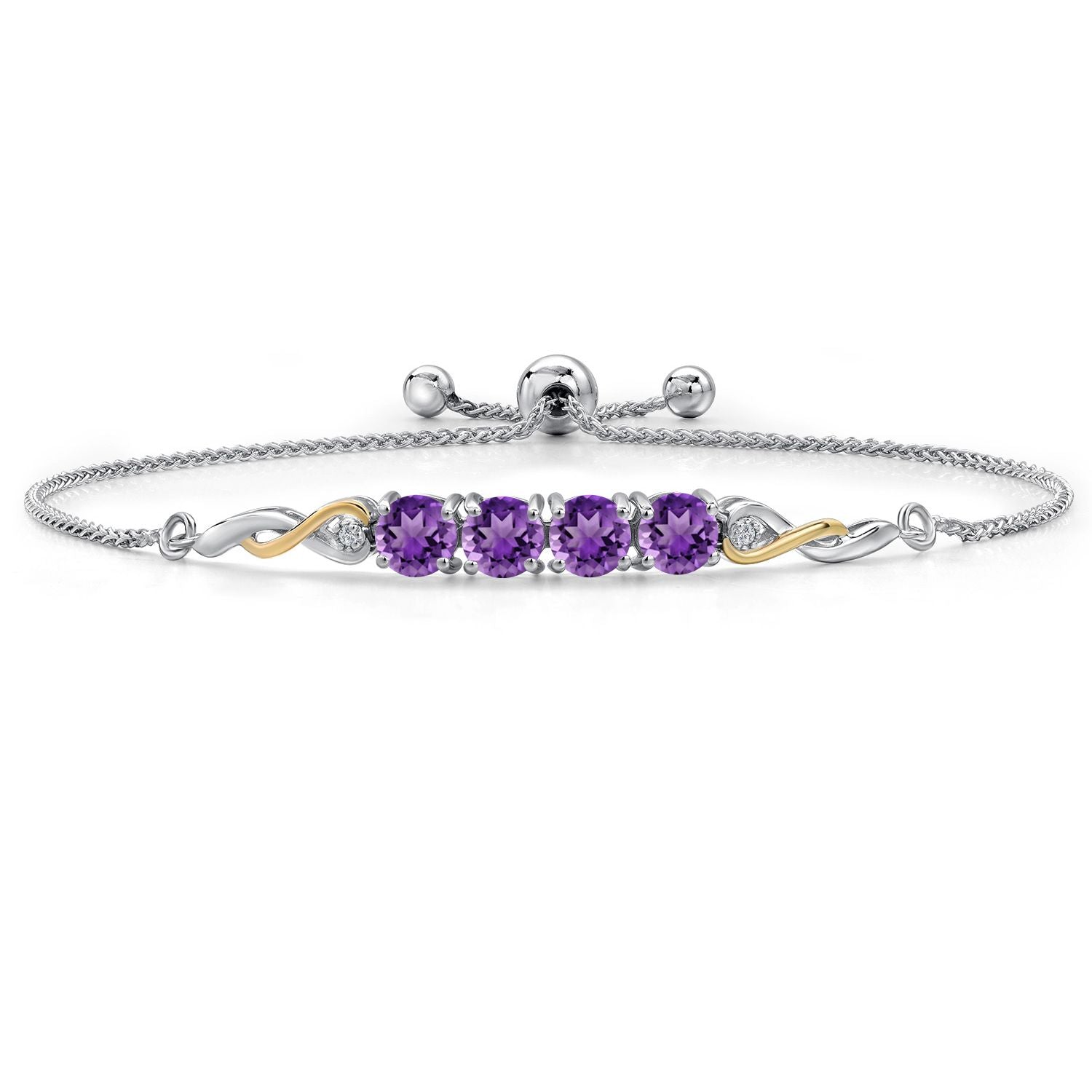 925 Silver and 10K Yellow Gold Purple Amethyst and White Lab Grown Diamond Bracelet For Women | 1.92 Cttw | Gemstone February Birthstone | Round 5MM | Fully Adjustable 9 Inch