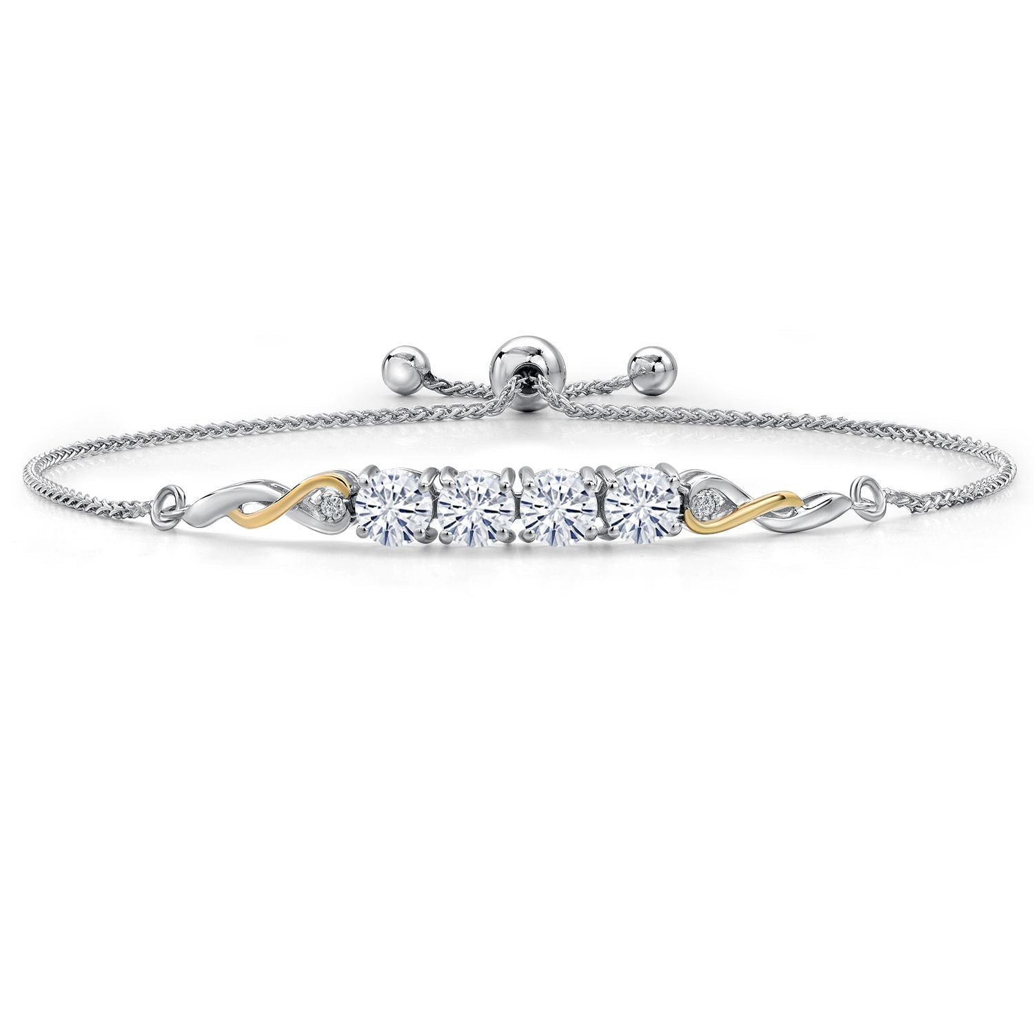 925 Silver and 10K Yellow Gold White Moissanite and White Lab Grown Diamond Bracelet For Women | 2.02 Cttw | Round 5MM | Fully Adjustable 9 Inch