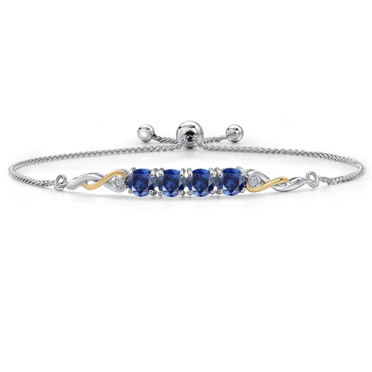 2.42 Cttw 925 Silver and 10K Yellow Gold Blue Created Sapphire and Lab Grown Diamond Bracelet For Women | Bollo Bracelet | Fully Adjustable Up to 9 Inch | Easy-On Easy-Off