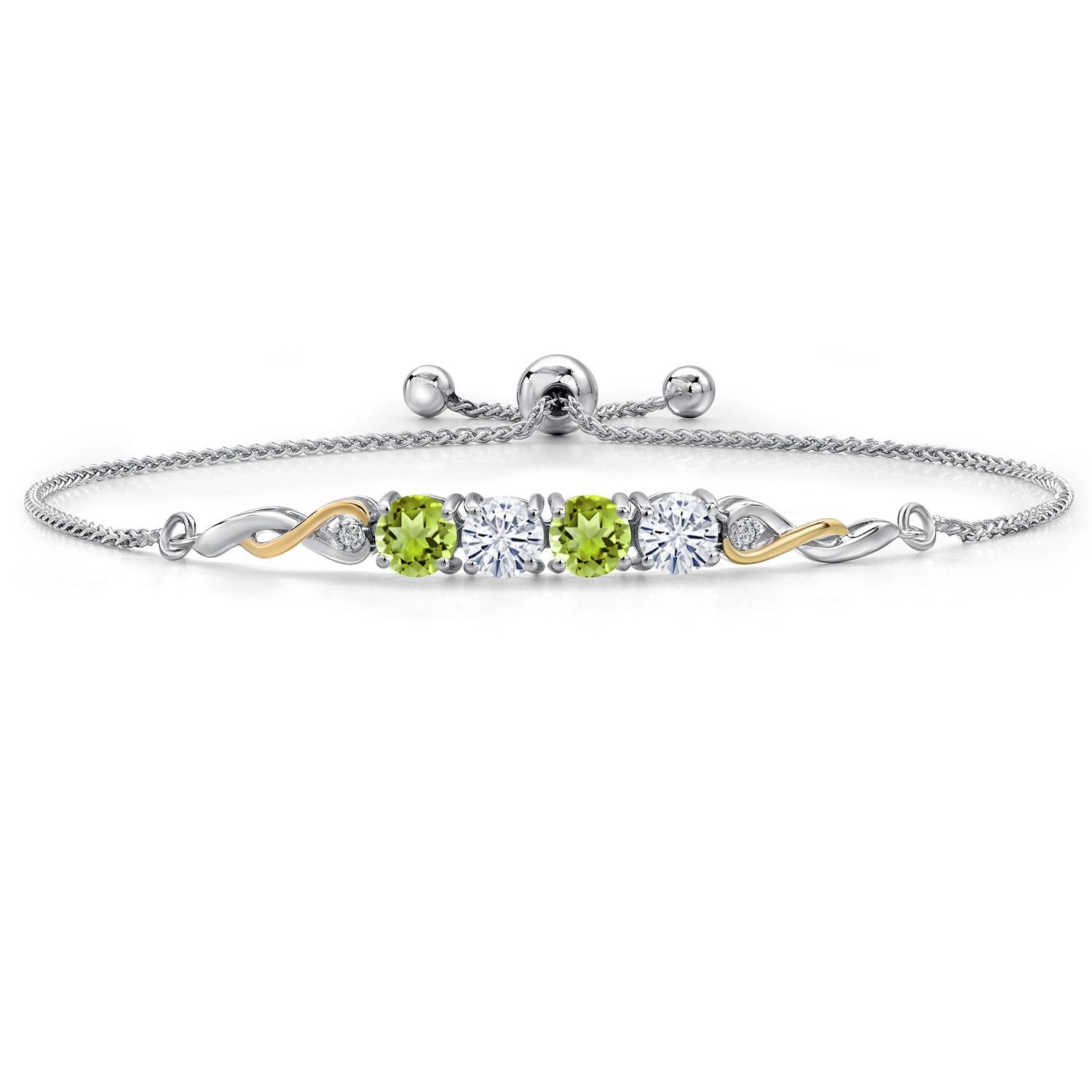 2.12 Cttw 925 Silver and 10K Yellow Gold Green Peridot White Moissanite and White Lab Grown Diamond Bracelet For Women | Gemstone Birthstone | Round 5MM | Fully Adjustable 9 Inch