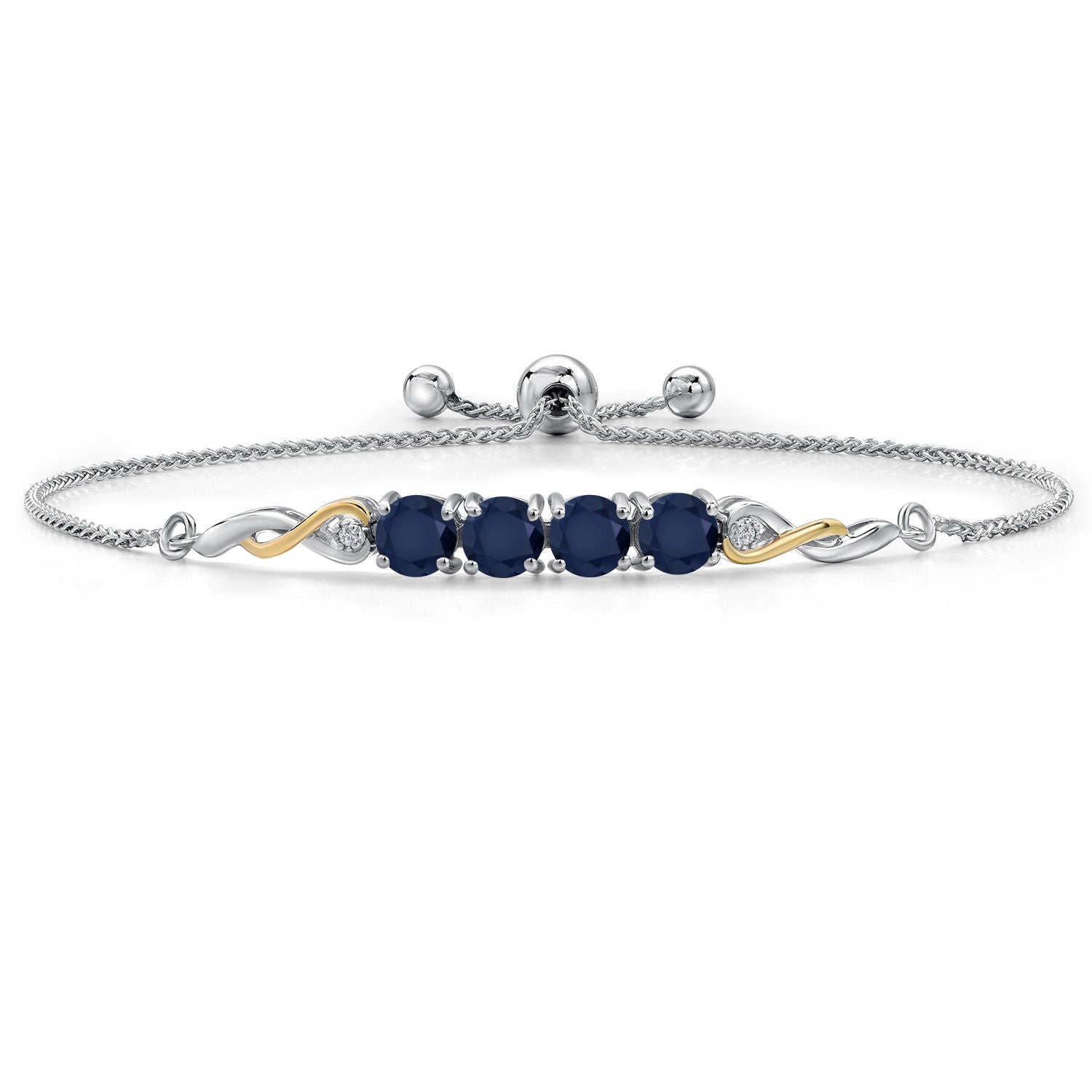 925 Silver and 10K Yellow Gold Blue Sapphire and White Lab Grown Diamond Bracelet For Women | 2.42 Cttw | Gemstone September Birthstone | Round 5MM | Fully Adjustable 9 Inch