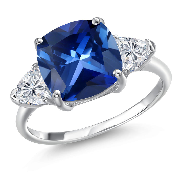 10K White Gold Blue Created Sapphire and Lab Grown Diamond Engagement Ring For Women | 6.06 Cttw | Cushion 10MM | Gemstone September Birthstone | Available in Size 5,6,7,8,9