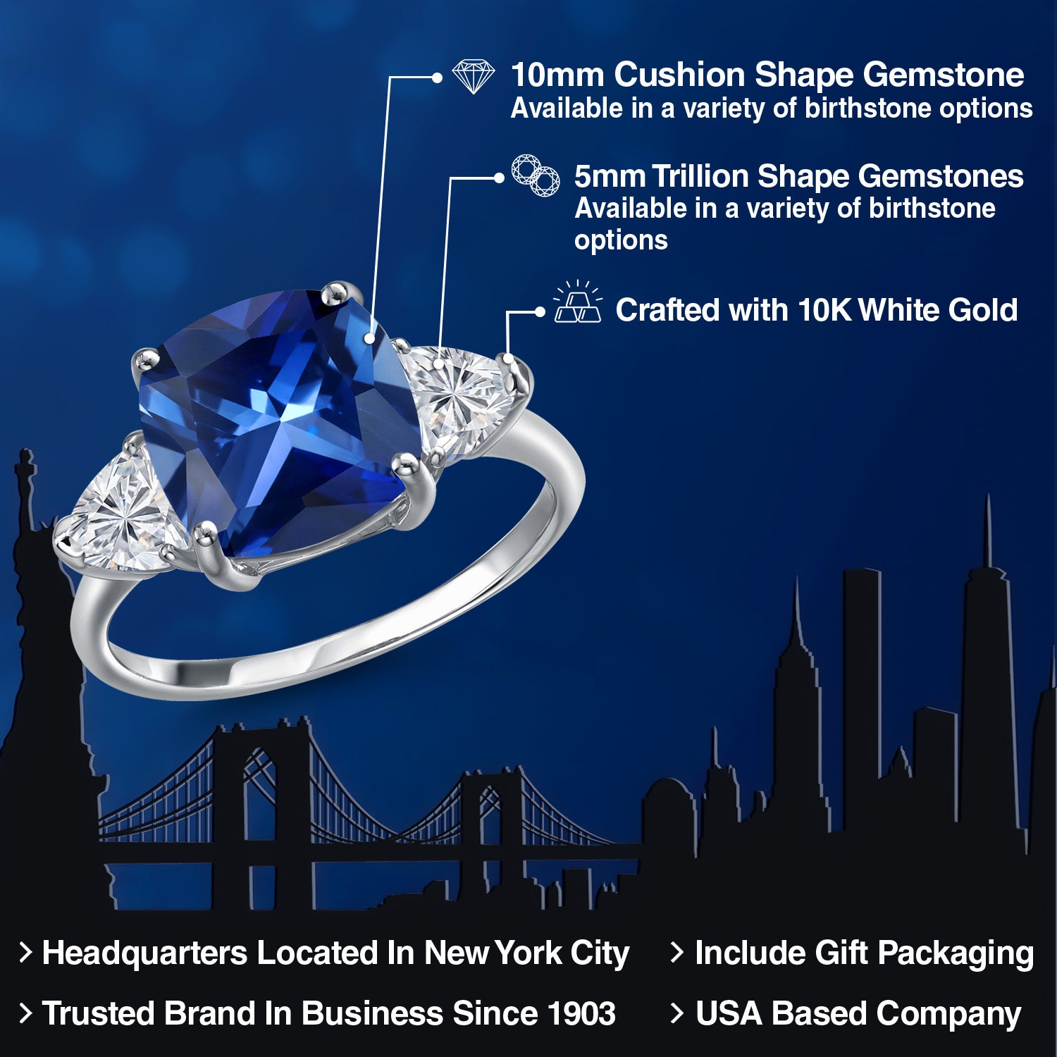 10K White Gold Blue Created Sapphire and Lab Grown Diamond Engagement Ring For Women | 6.06 Cttw | Cushion 10MM | Gemstone September Birthstone | Available in Size 5,6,7,8,9