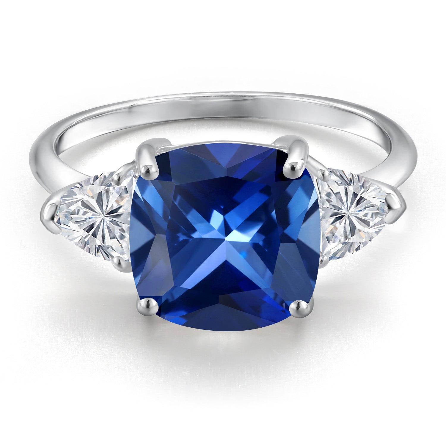 10K White Gold Blue Created Sapphire and Lab Grown Diamond Engagement Ring For Women | 6.06 Cttw | Cushion 10MM | Gemstone September Birthstone | Available in Size 5,6,7,8,9