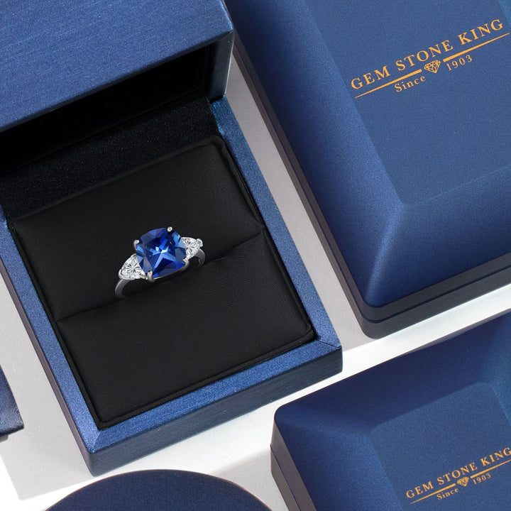 10K White Gold Blue Created Sapphire and Lab Grown Diamond Engagement Ring For Women | 6.06 Cttw | Cushion 10MM | Gemstone September Birthstone | Available in Size 5,6,7,8,9