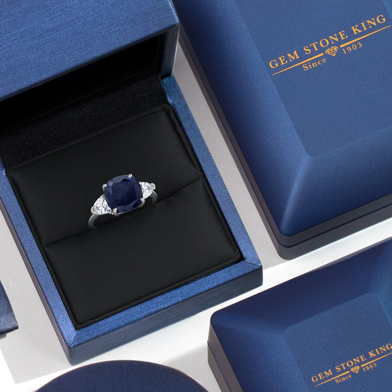 5.54 Cttw 10K White Gold Blue Sapphire and White Moissanite 3-Stone Engagement Ring | Cushion 10MM | Trillion  5MM | Three Stone Wedding Anniversary Promise Ring For Women