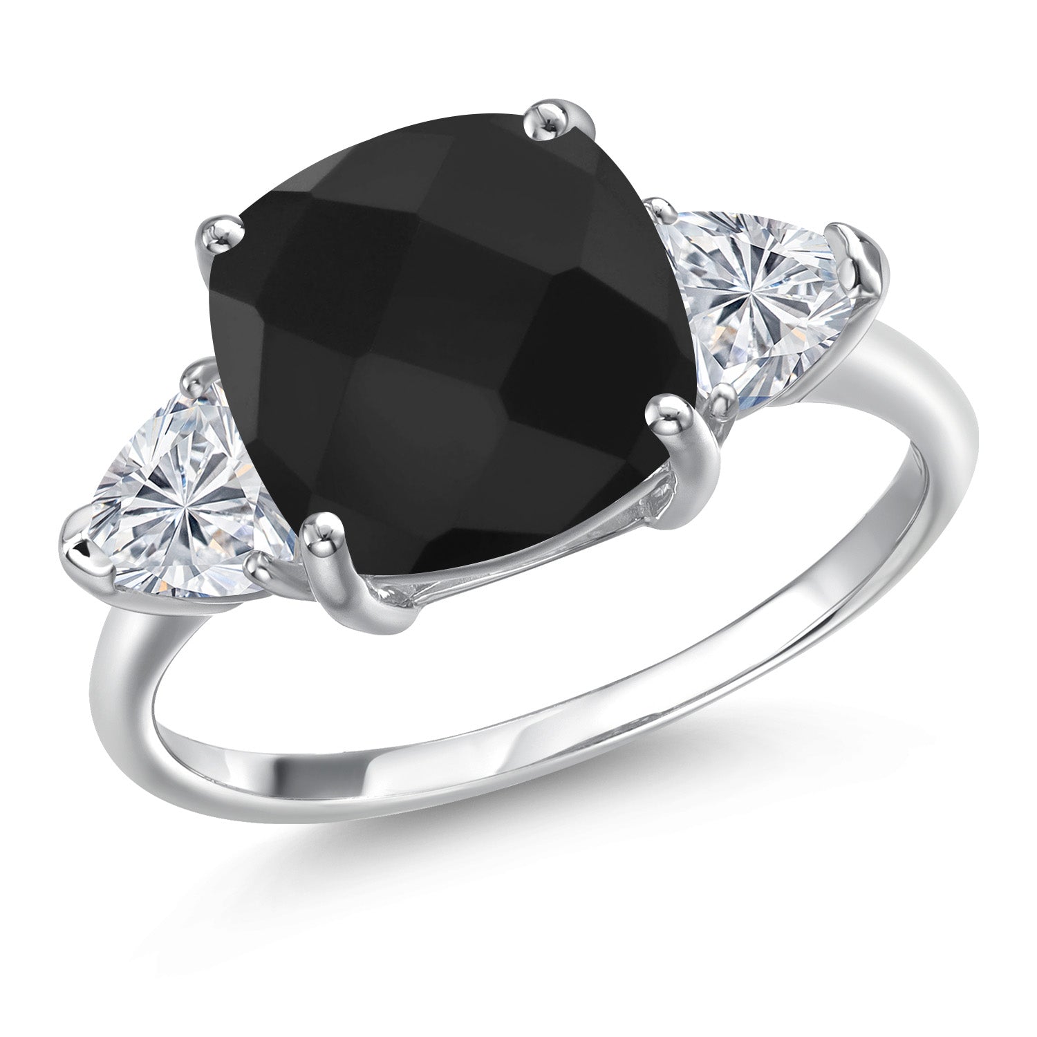 10K White Gold Black Onyx and Lab Grown Diamond Engagement Ring For Women | 4.54 Cttw | Cushion Checkerboard 10MM | Gemstone December Birthstone | Available in Size 5,6,7,8,9