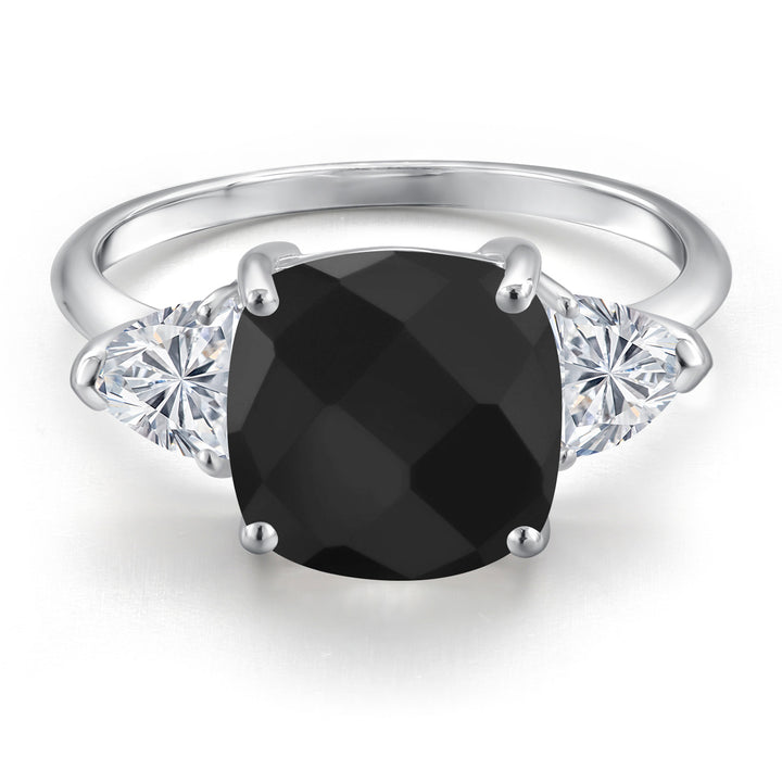 10K White Gold Black Onyx and Lab Grown Diamond Engagement Ring For Women | 4.54 Cttw | Cushion Checkerboard 10MM | Gemstone December Birthstone | Available in Size 5,6,7,8,9