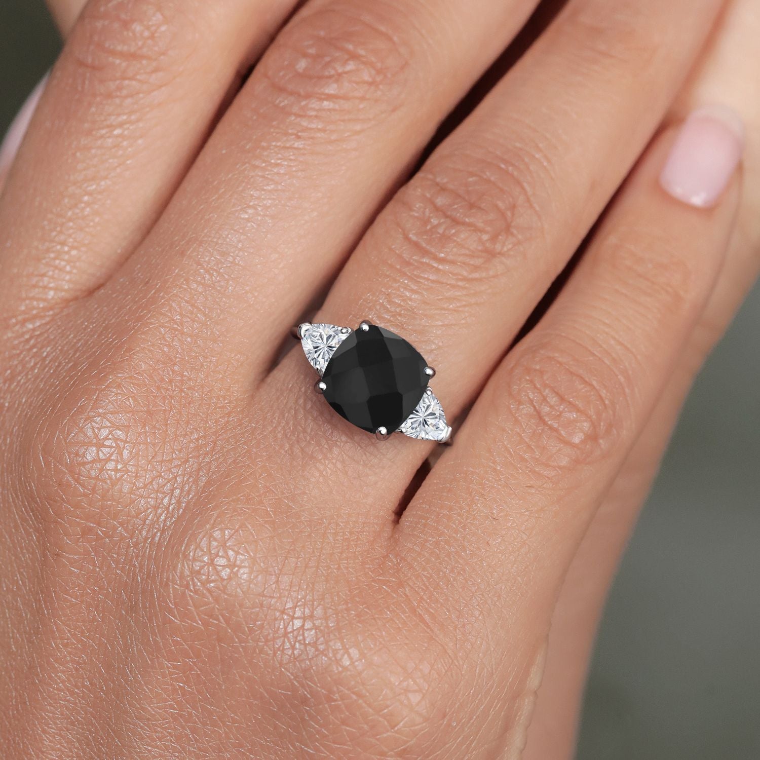 10K White Gold Black Onyx and Lab Grown Diamond Engagement Ring For Women | 4.54 Cttw | Cushion Checkerboard 10MM | Gemstone December Birthstone | Available in Size 5,6,7,8,9