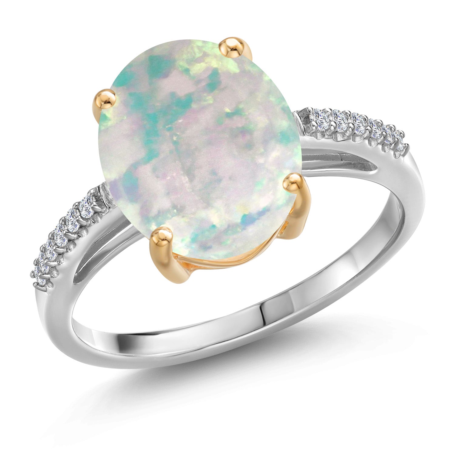 White Simulated Opal-Cabochon - October_6_Ring in 925 Sterling Silver and 10K Yellow Gold