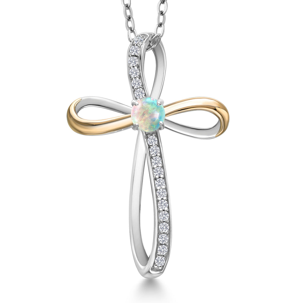 White Simulated Opal-Cabochon - October_Pendant in 925 Sterling Silver and 10K Yellow Gold