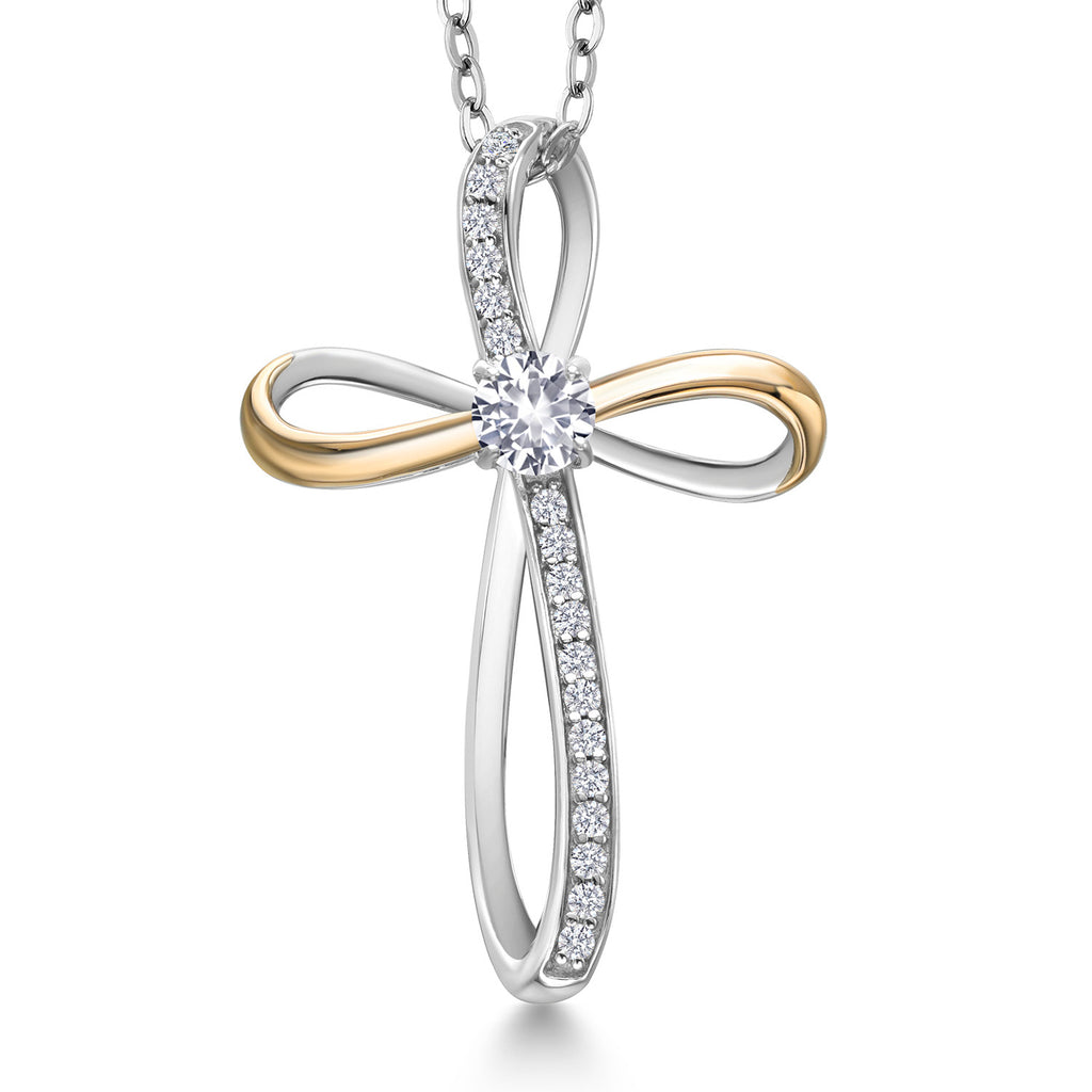 White Created Sapphire - September_Pendant in 925 Sterling Silver and 10K Yellow Gold