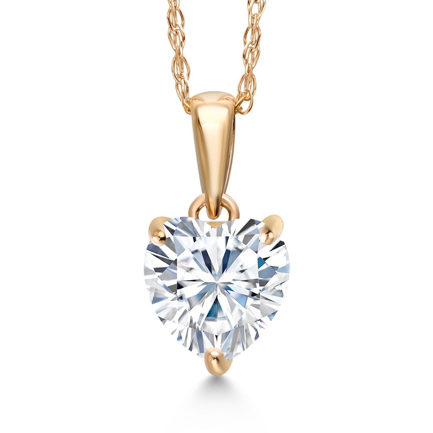 14K Yellow Gold White Moissanite Pendant Necklace For Women | 1.08 Cttw | Gemstone Birthstone | Heart Shape 6.5MM | With 18 Inch Chain