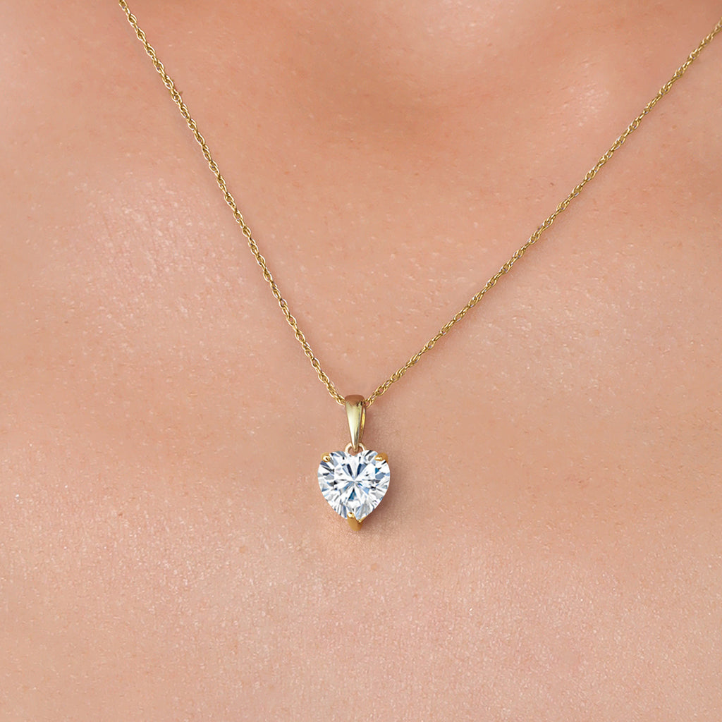 14K Yellow Gold White Moissanite Pendant Necklace For Women | 1.08 Cttw | Gemstone Birthstone | Heart Shape 6.5MM | With 18 Inch Chain