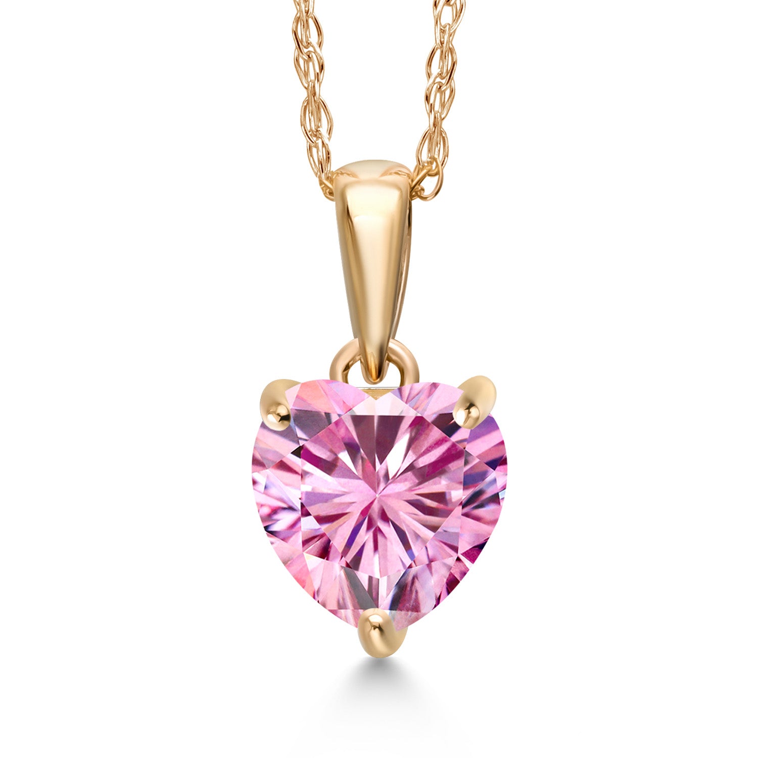 14K Yellow Gold Pink Moissanite Pendant Necklace For Women | 1.07 Cttw | Gemstone Birthstone | Heart Shape 6.5MM | With 18 Inch Chain