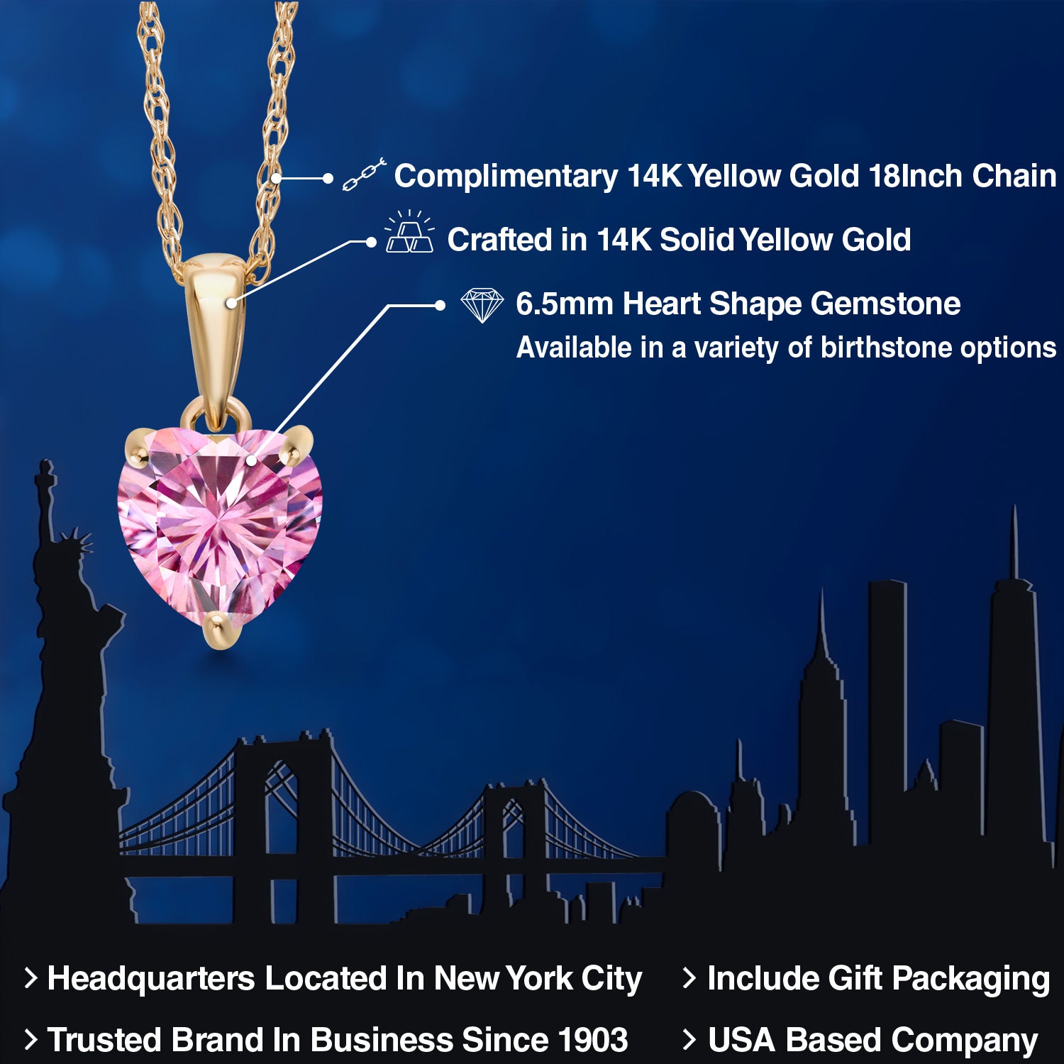 14K Yellow Gold Pink Moissanite Pendant Necklace For Women | 1.07 Cttw | Gemstone Birthstone | Heart Shape 6.5MM | With 18 Inch Chain